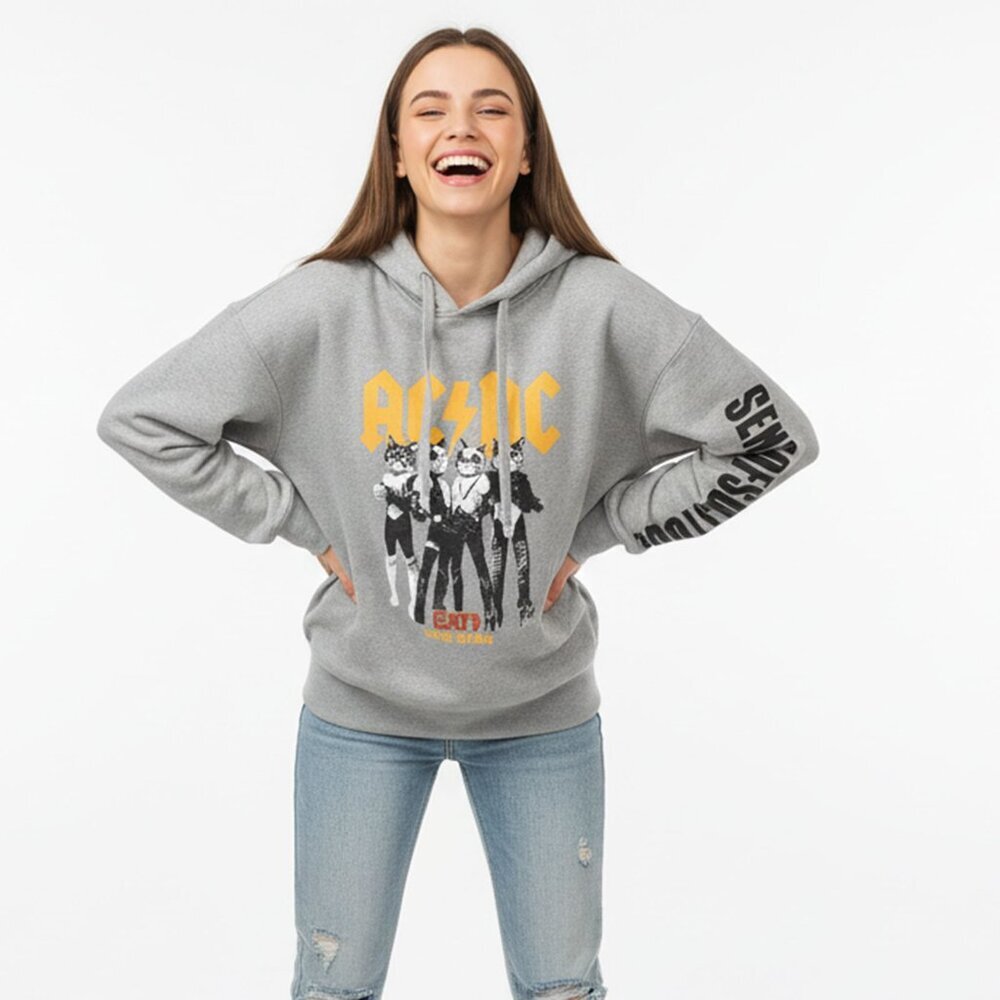 AC/DC Cats Hoodie Cats Love Nyan Feline Rock Band Music 100% Cotton Sweatshirt